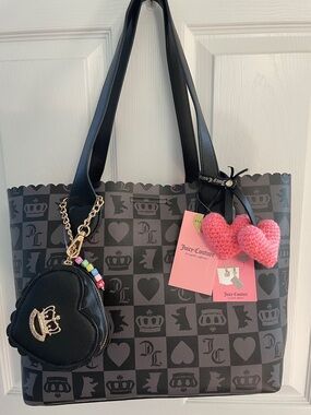 Viral Juicy Couture Black Logo Tote with Pink Heart Knit Charm